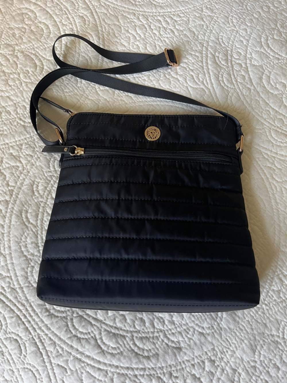 Anne Klein Black Quilted Crossbody with Gold Logo
